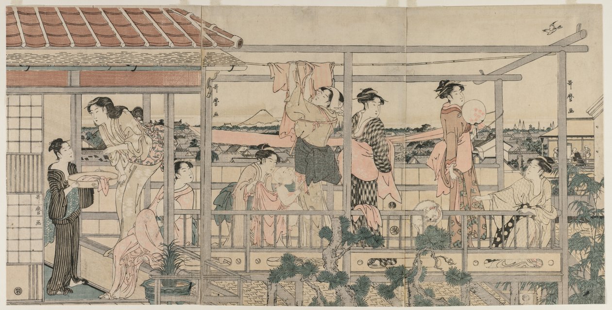 Vrouwen die was ophangen op een balkon door Kitagawa Utamaro