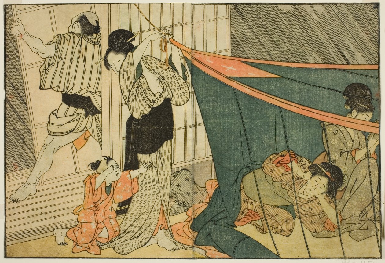 Vrouwen Binnen een Muskietennet Tijdens een Onweersbui, uit het geïllustreerde boek "Prentenboek: Bloemen van de Vier Seizoenen," deel 1 door Kitagawa Utamaro