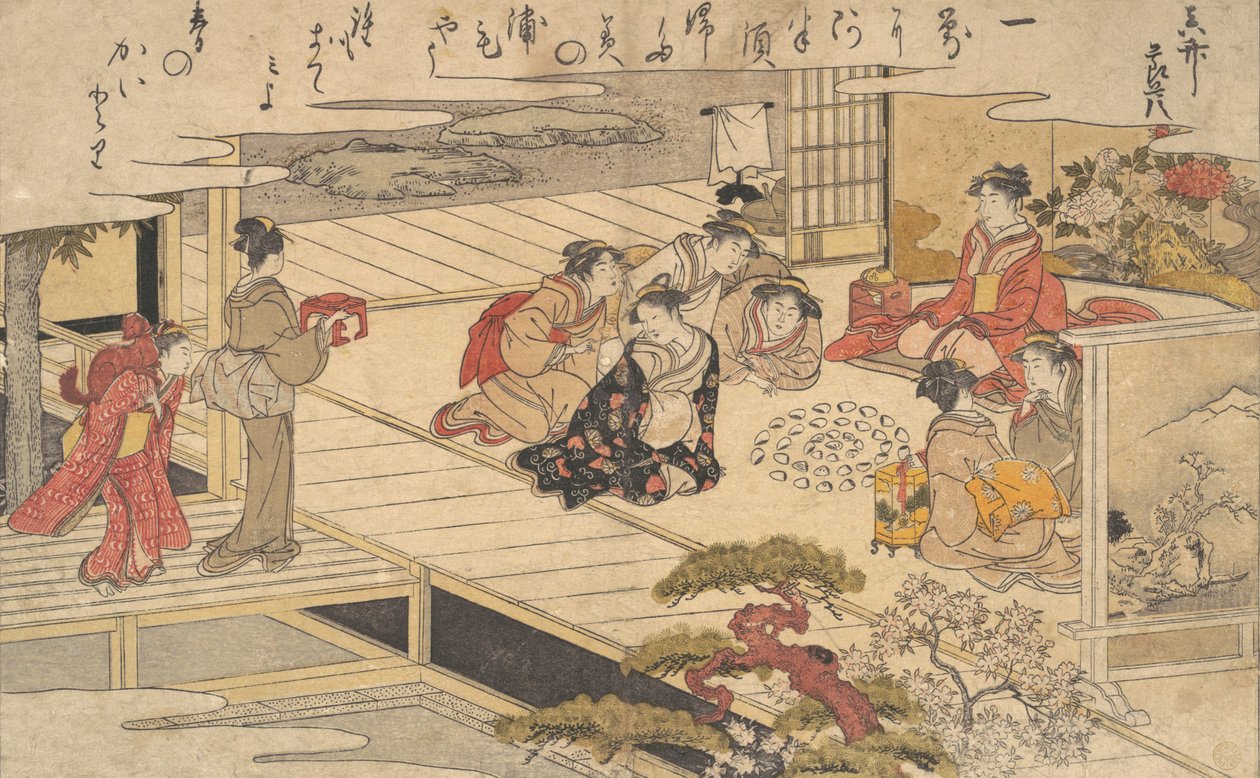 Vrouwen die een spel spelen met schelpen door Kitagawa Utamaro