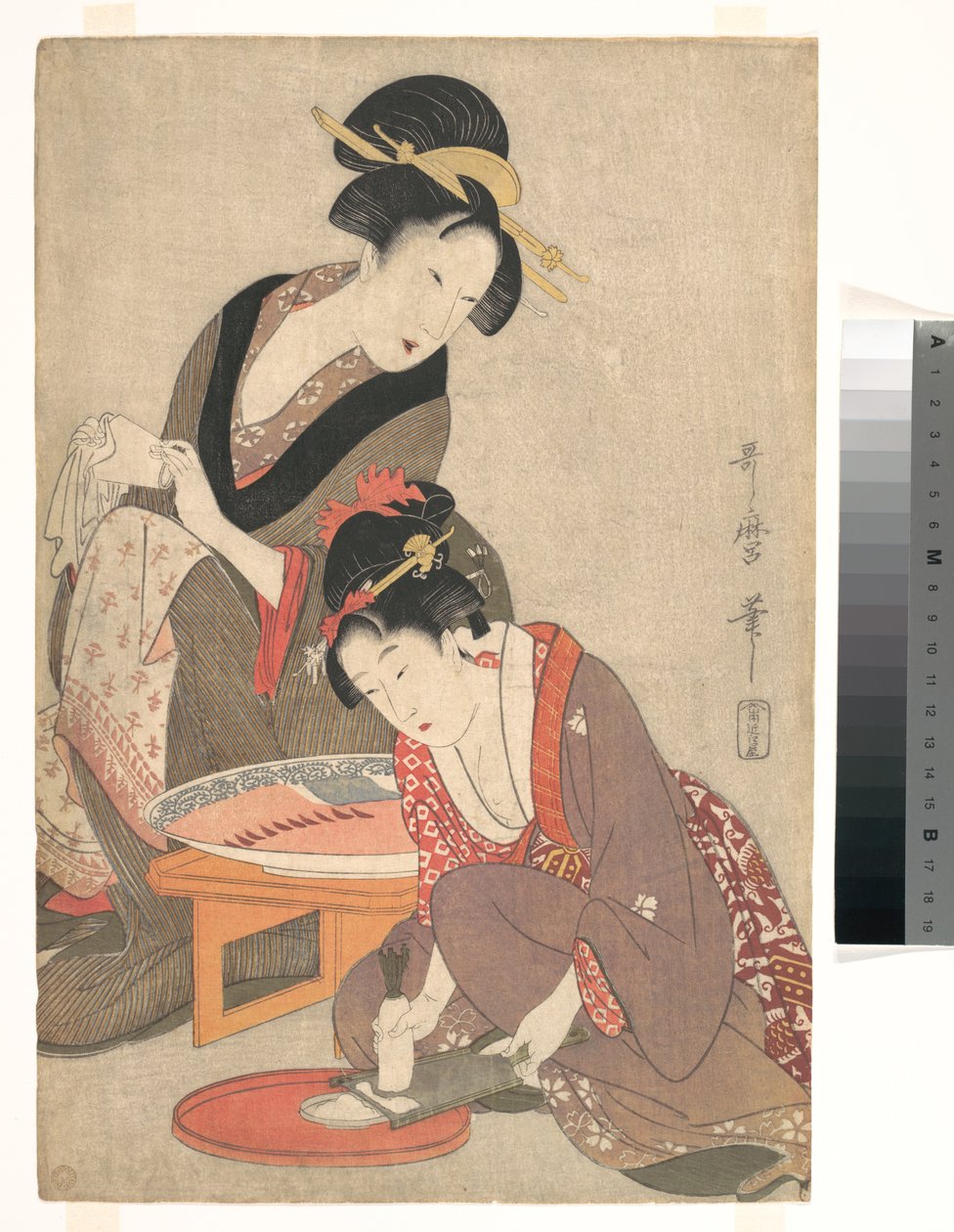 Vrouwen die sashimi bereiden door Kitagawa Utamaro