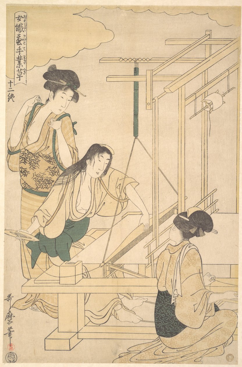 Vrouwen die zijden stof weven door Kitagawa Utamaro