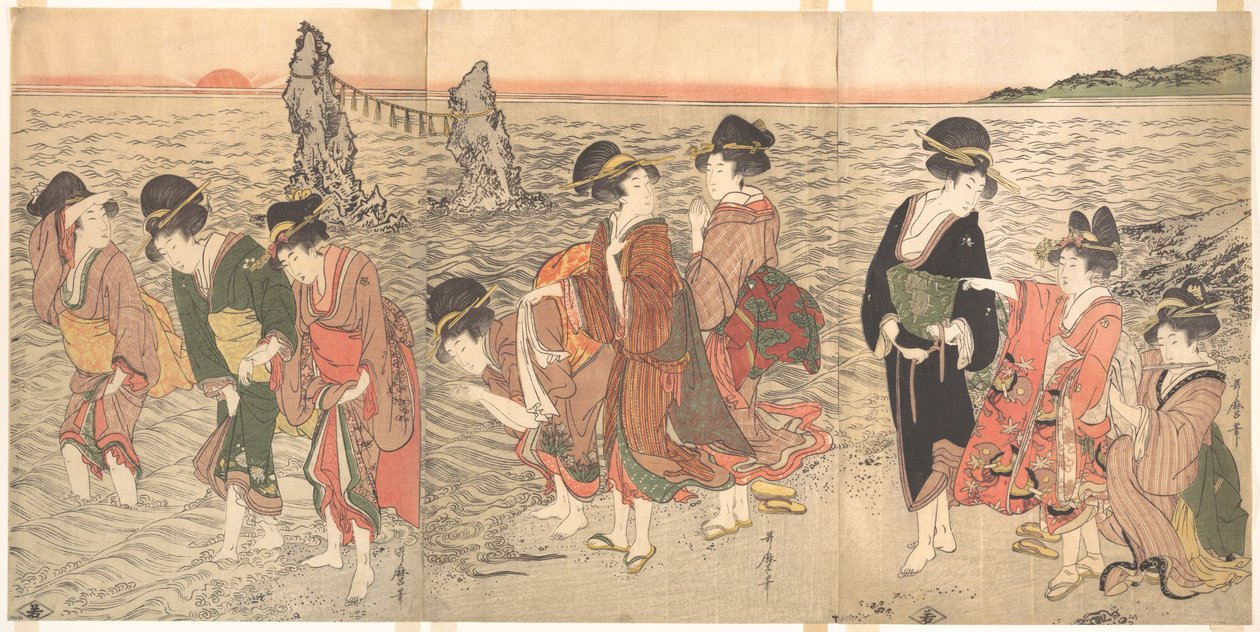 Vrouwen die de opgaande zon vereren tussen de tweelingrotsen bij Ise door Kitagawa Utamaro