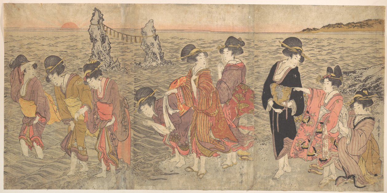 Vrouwen die de opgaande zon vereren tussen de tweelingrotsen bij Ise door Kitagawa Utamaro