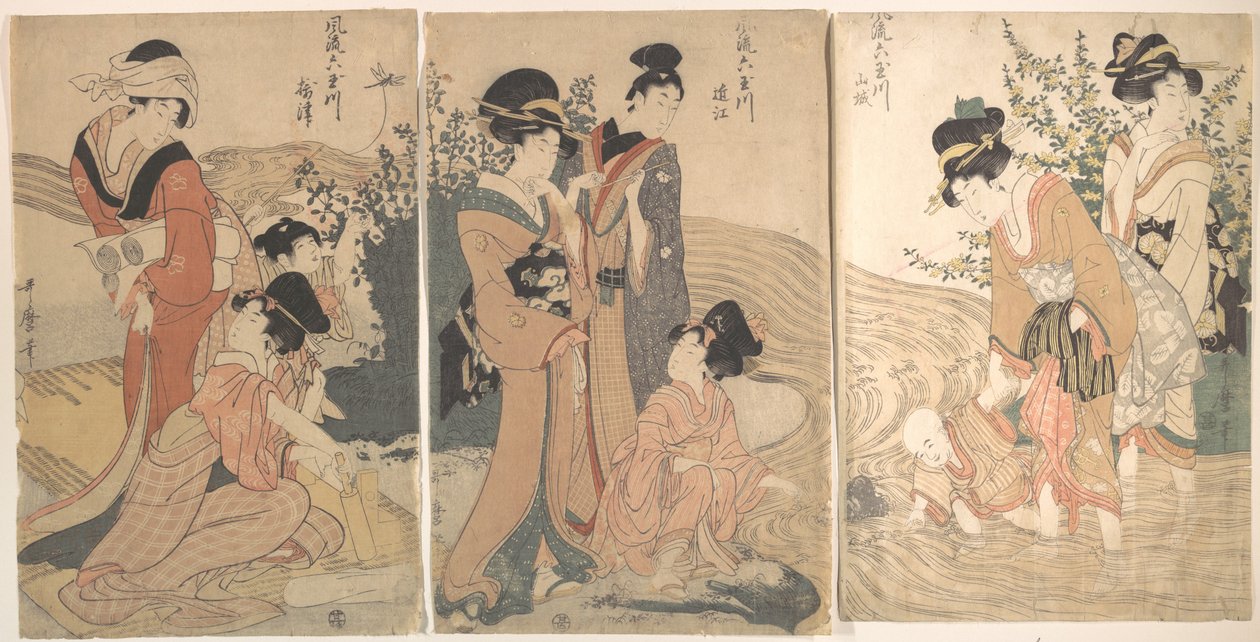 Vrouwen en kinderen aan de oevers van een beek door Kitagawa Utamaro