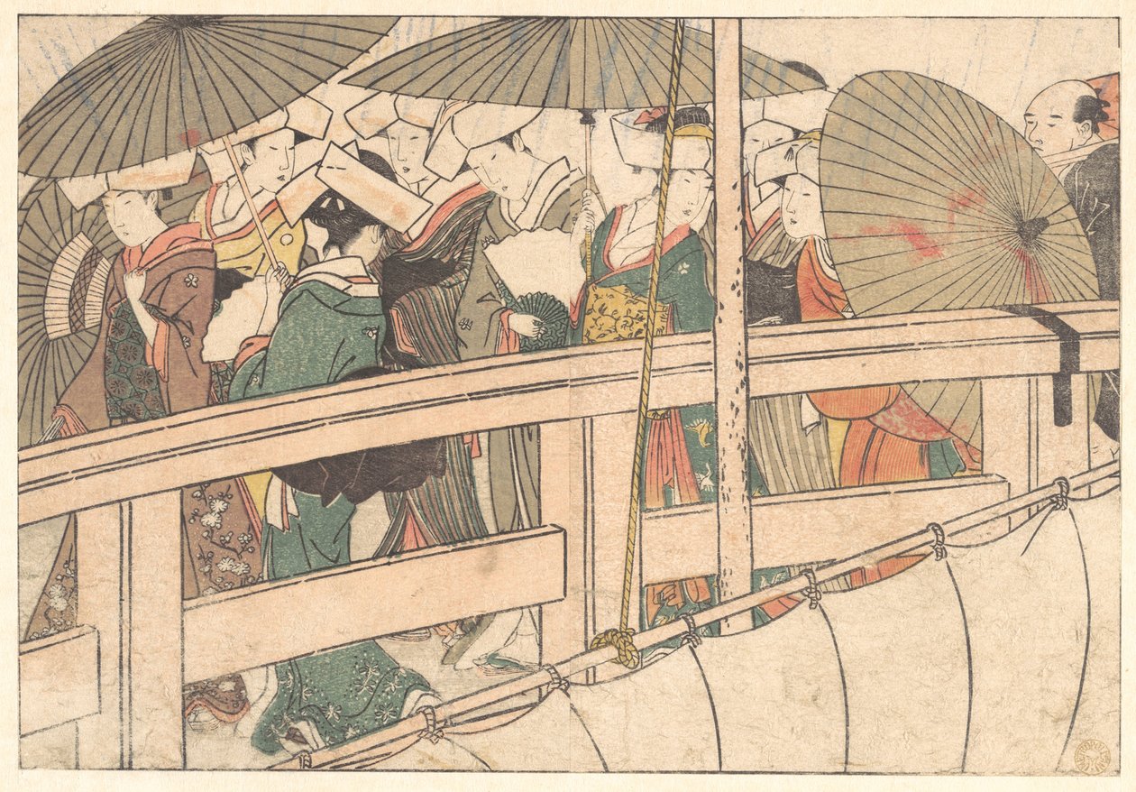 Vrouwen op een brug, uit het geïllustreerde boek Bloemen van de vier seizoenen door Kitagawa Utamaro