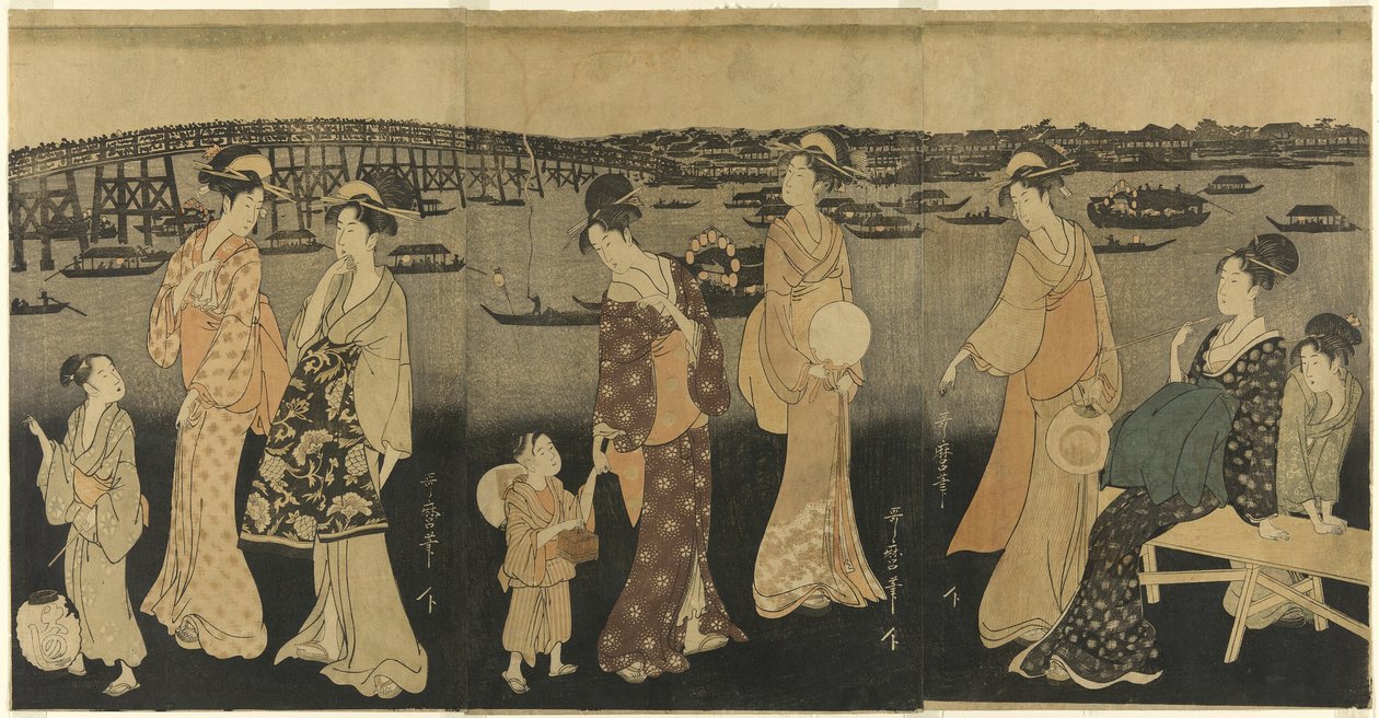 Vrouwen kijken naar vuurwerk bij de Sumida Rivier door Kitagawa Utamaro