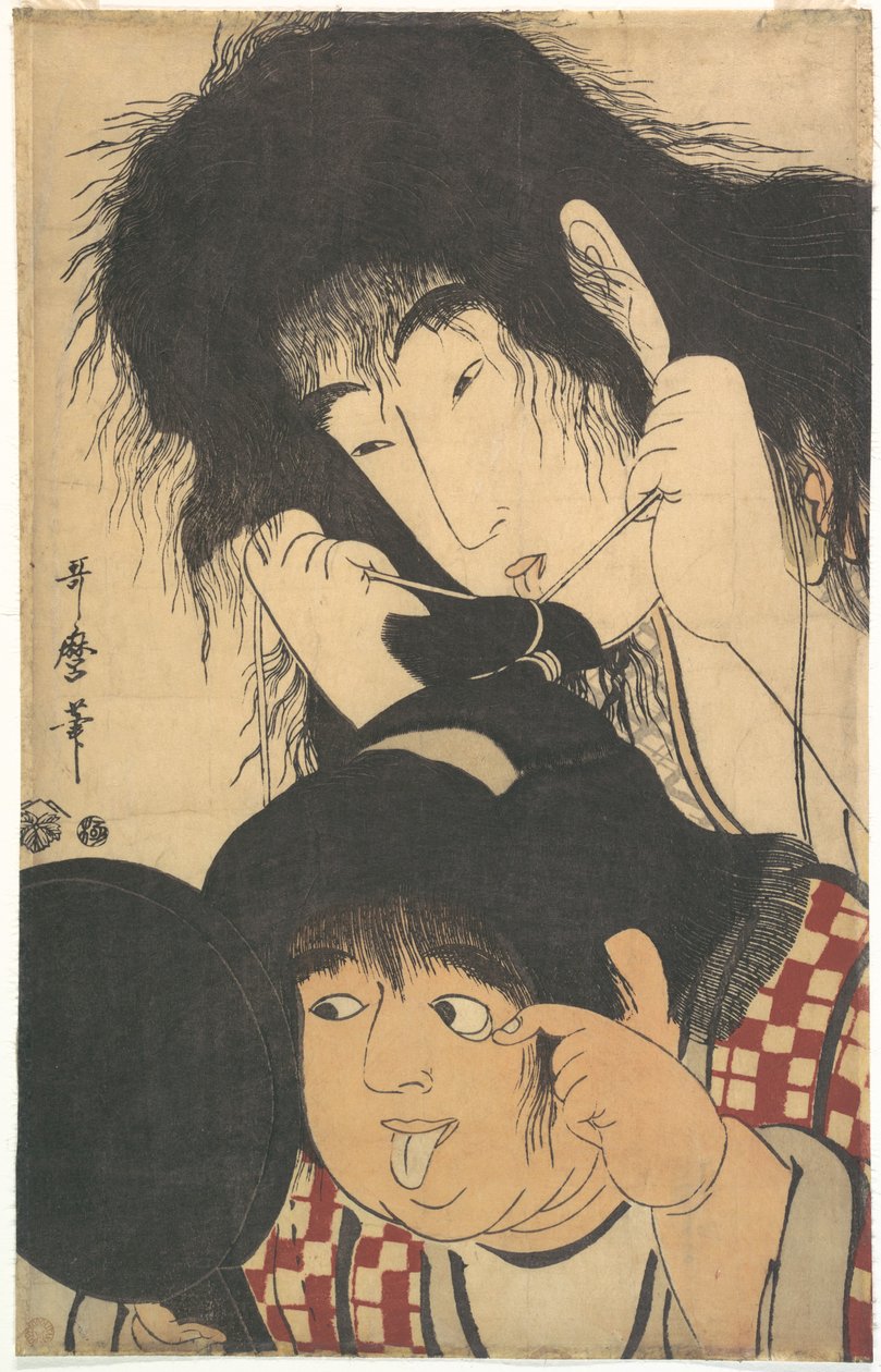 Yamauba maakt de knot van Kintarō vast door Kitagawa Utamaro