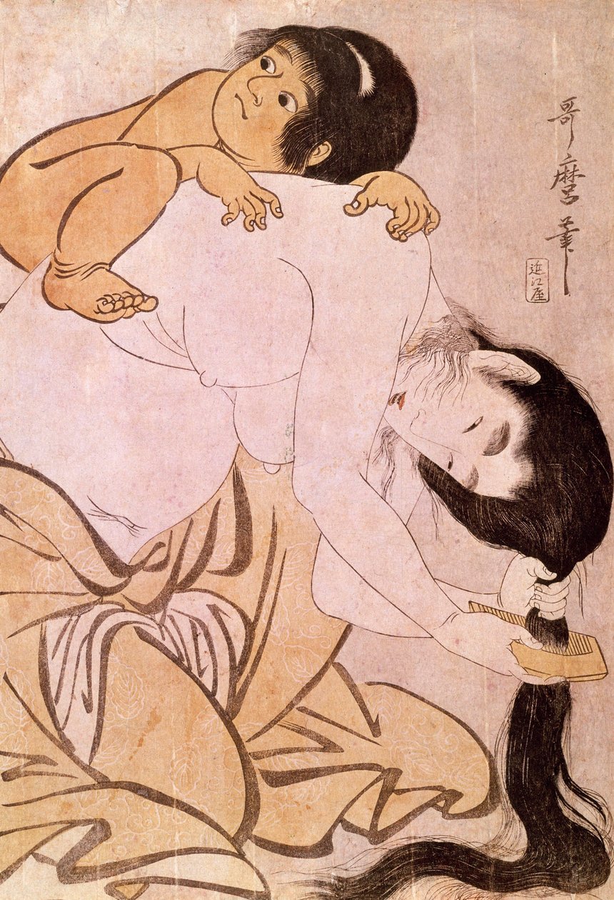 Yamauba en Kintoki De moeder kamt haar haar terwijl ze haar kind op haar rug draagt door Kitagawa Utamaro