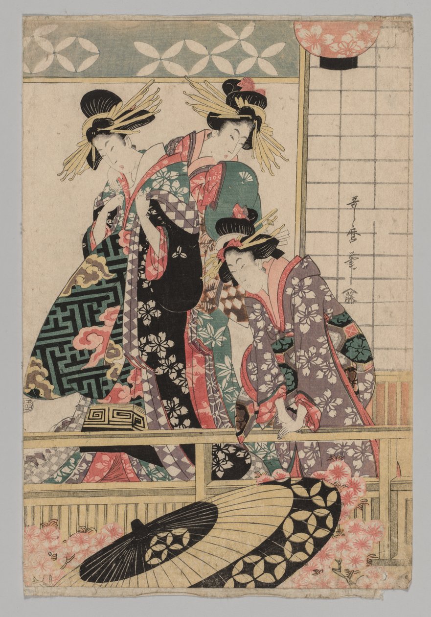 Yoshiwara-vrouwen kijken de straat in in de lente door Kitagawa Utamaro