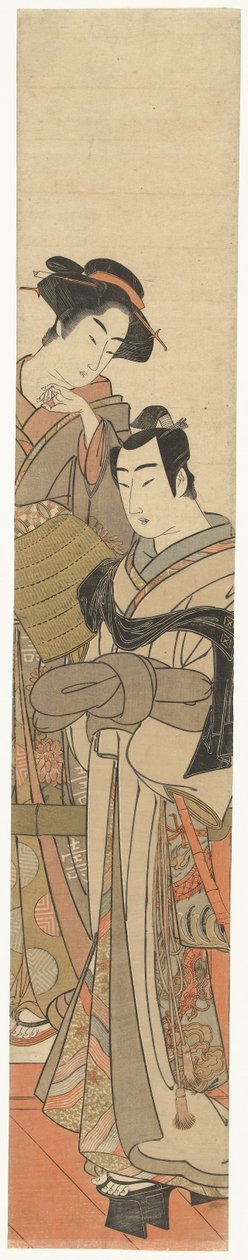 Jonge man met rieten hoed en dame door Kitao Masanobu (attributed to)