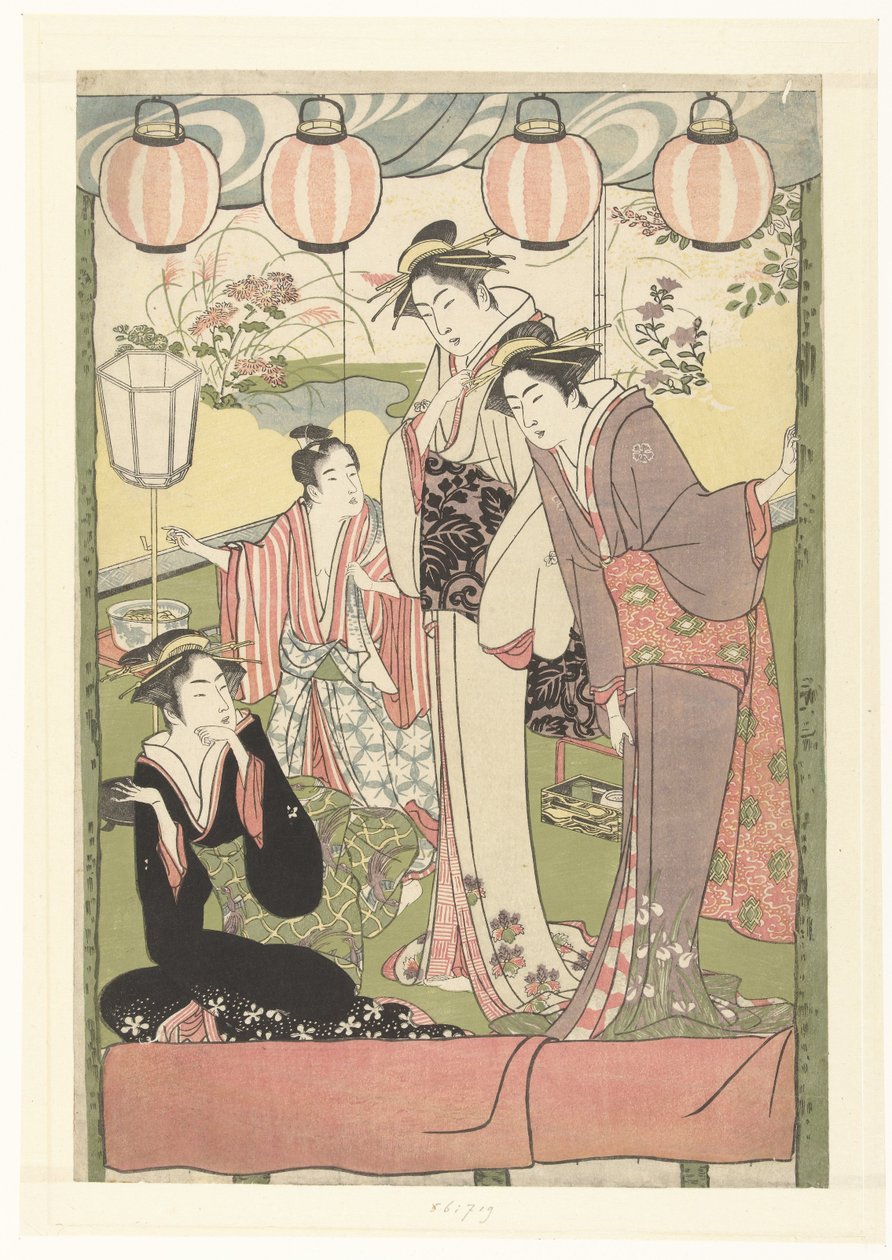 Drie vrouwen en een jongen onder lampionnen door Kitao Masanobu (attributed to)