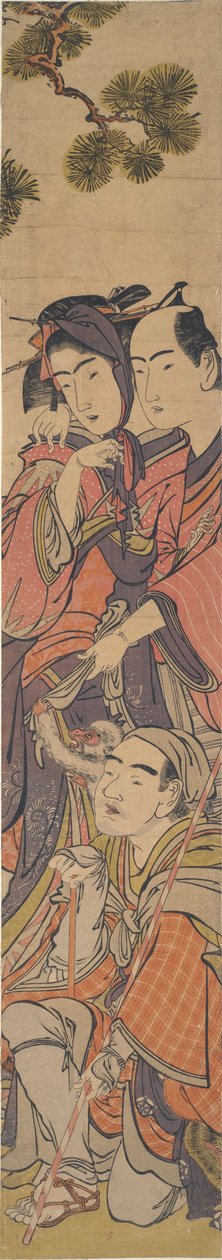 Oshun en Dembei spelen met de aap op Yojir? door Kitao Masanobu