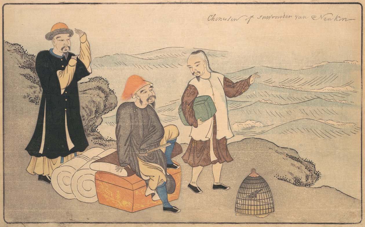 Groep van drie Chinese mannen op een klif bij de zee, 1789 door Kitao Masayoshi