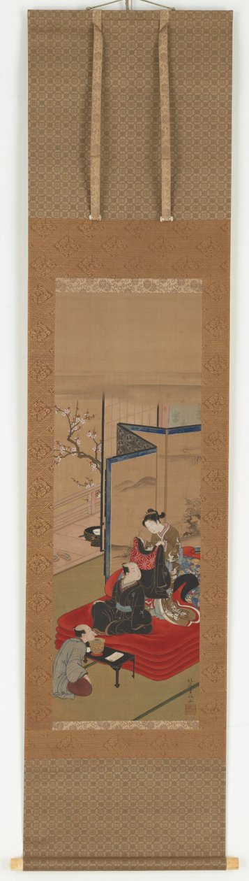 Een courtisane helpt een man zich aan te kleden, Edo-periode door Kitao Shigemasa