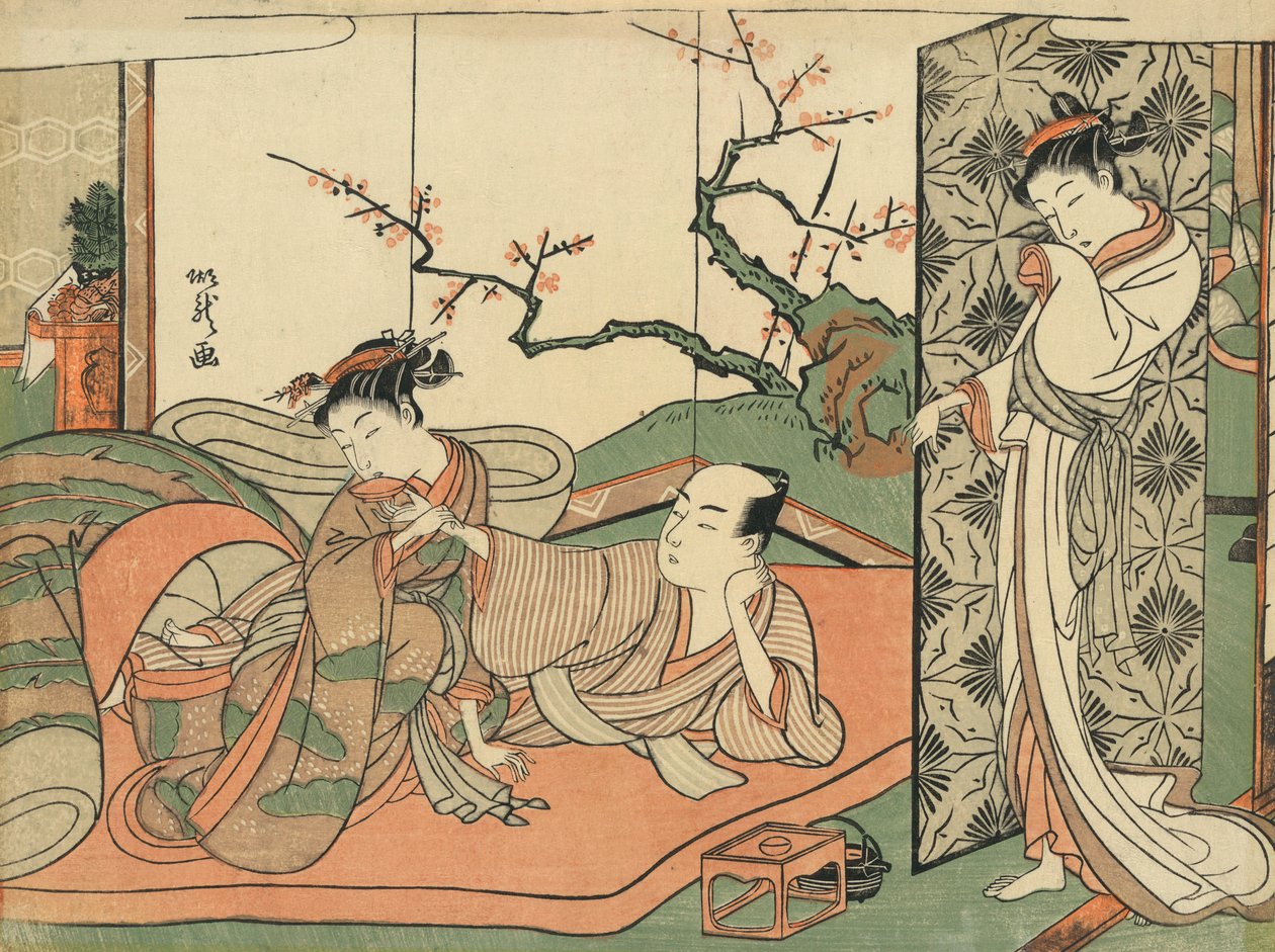 courtisane kijkt naar een jonge leerling in bed met een klant door Kitao Shigemasa