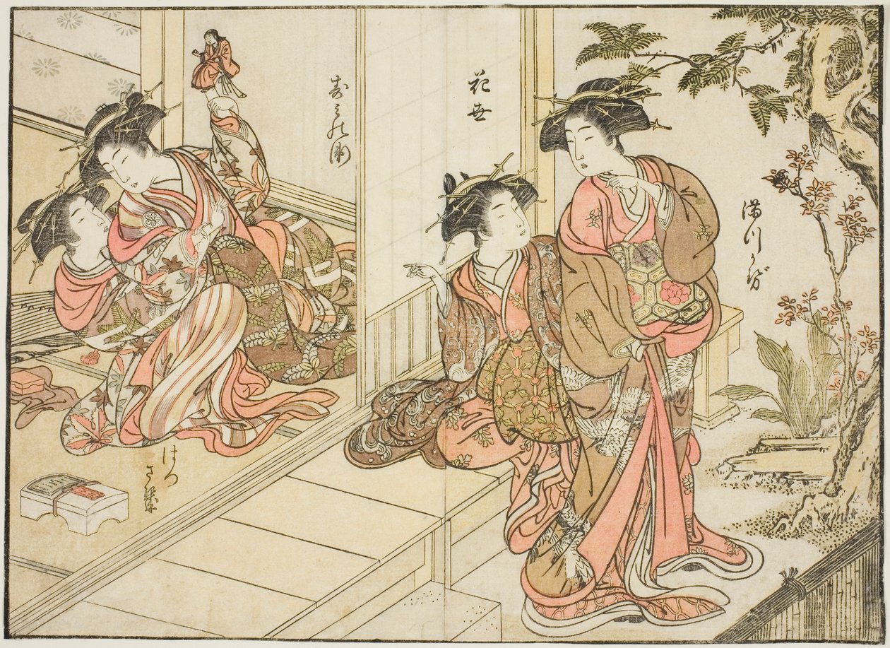 Courtisanes van Maruebiya, uit het boek "Spiegel van Mooie Vrouwen van de Plezierkwartieren (Seiro bijin awase sugata kagami)," deel 2 door Kitao Shigemasa