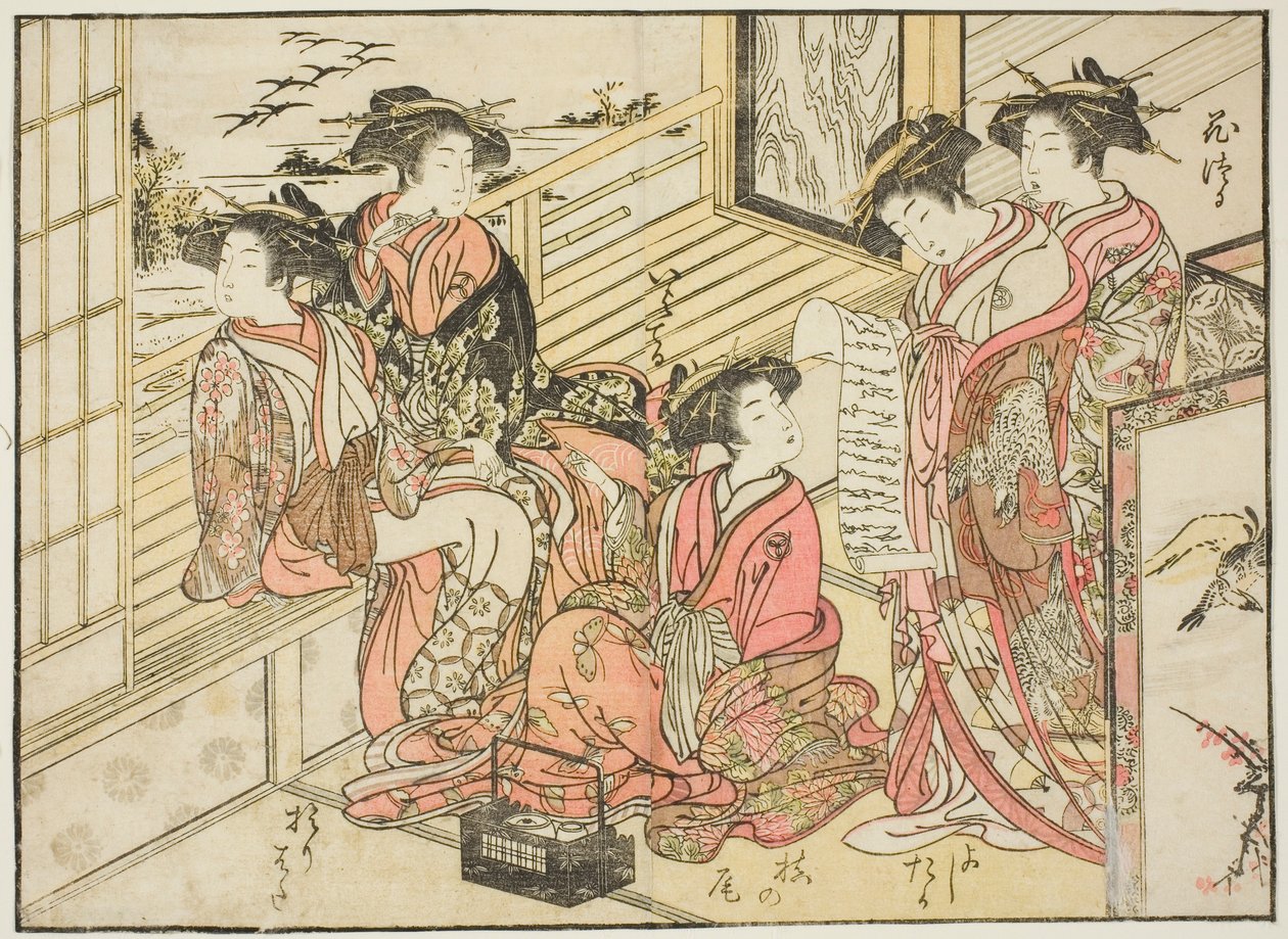 Courtisanes van Okamoto, uit het boek "Spiegel van Mooie Vrouwen van de Plezierwijken (Seiro bijin awase sugata kagami)," deel 2 door Kitao Shigemasa