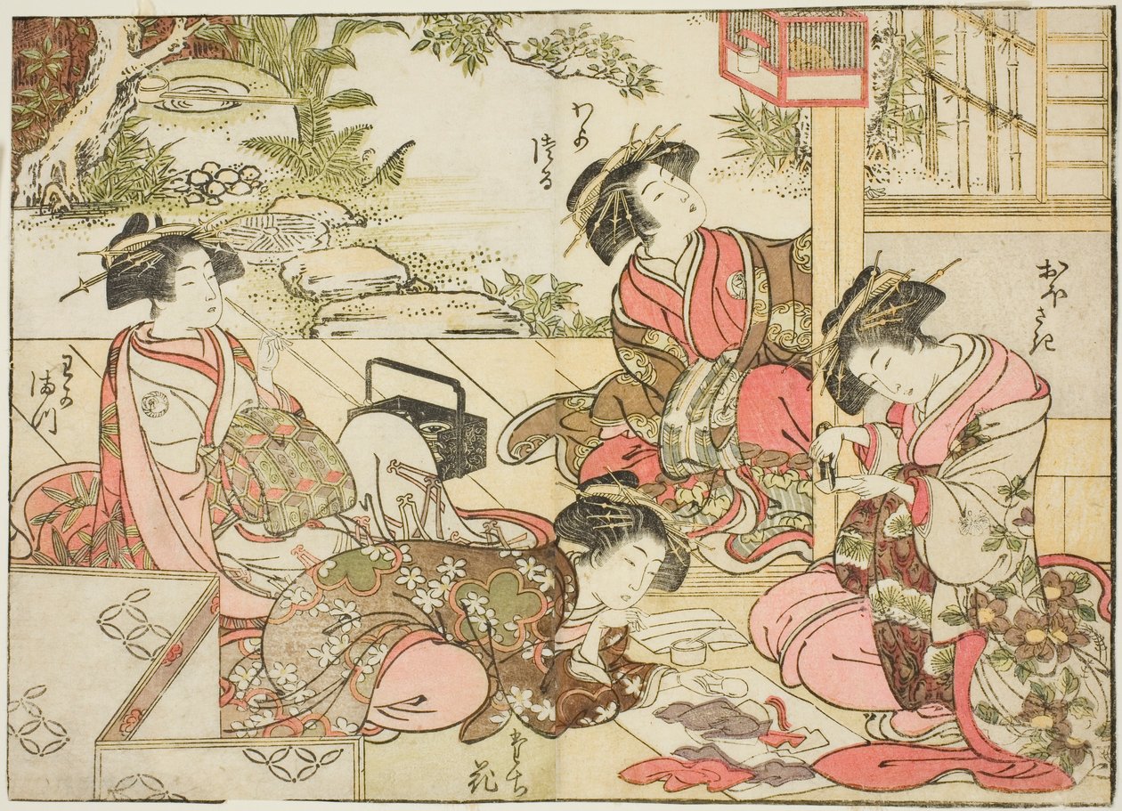 Courtisanes van Otawaraya, uit het boek "Spiegel van Mooie Vrouwen van de Plezierkwartieren (Seiro bijin awase sugata kagami)," deel 2 door Kitao Shigemasa