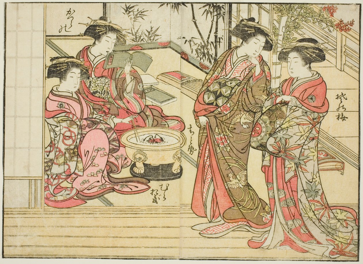 Courtisanes van Otawaraya, uit het boek "Spiegel van Mooie Vrouwen van de Plezierkwartieren (Seiro bijin awase sugata kagami)," deel 2 door Kitao Shigemasa