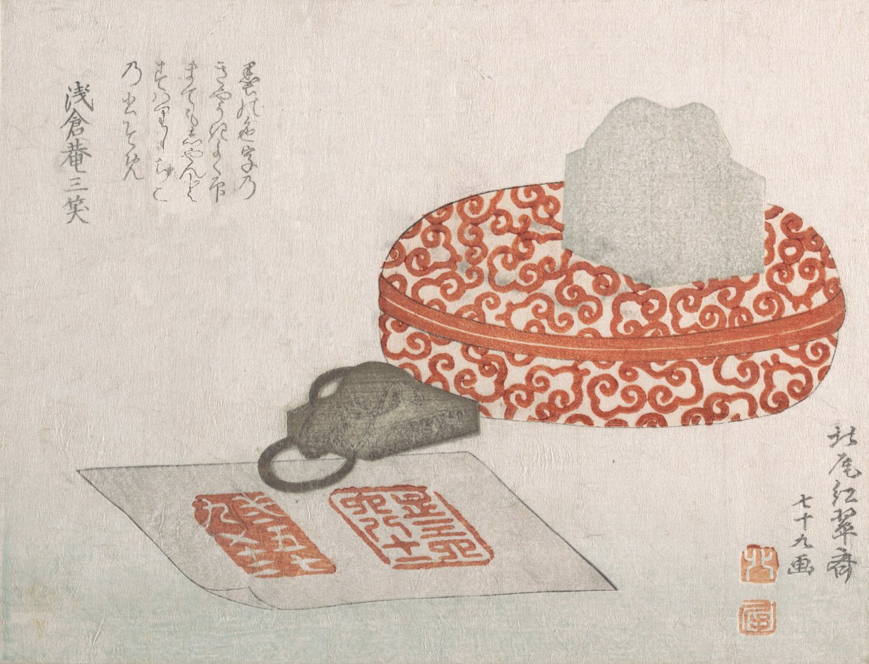 Zegels en een gesneden lakcontainer voor zegelinkt, 1817 door Kitao Shigemasa