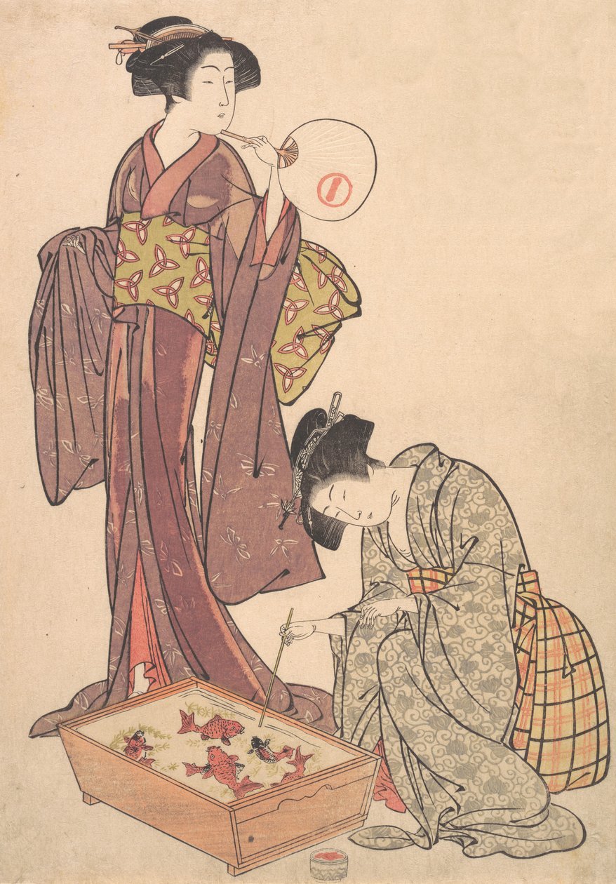 Twee vrouwen die vissen voeren, 1739-1820 door Kitao Shigemasa