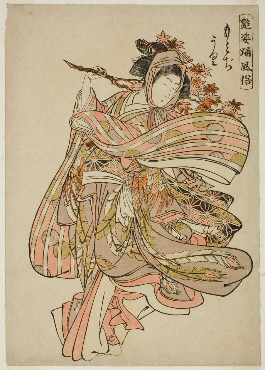 Bladeren van Esdoorns Bekijken (Momijigari), uit de serie "Dansgewoonten van Betoverende Figuren (Adesugata odori fuzoku)" door Kitao Shigemasa