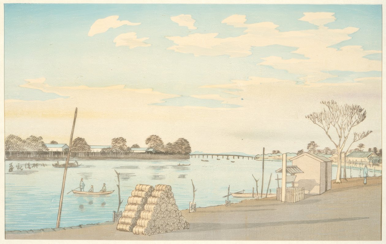 Veerboot met uitzicht op de berg Fuji, de rivier Okawa door Kiyochika Kobayashi