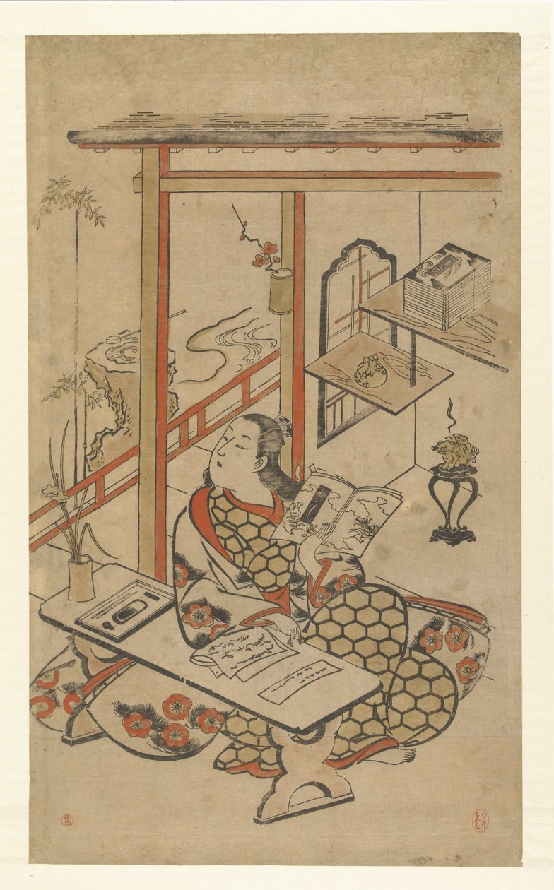 Vrouw aan tafel, lezend in de Vertelling van Genji door Kiyomasu (I) , Torii (attributed to)