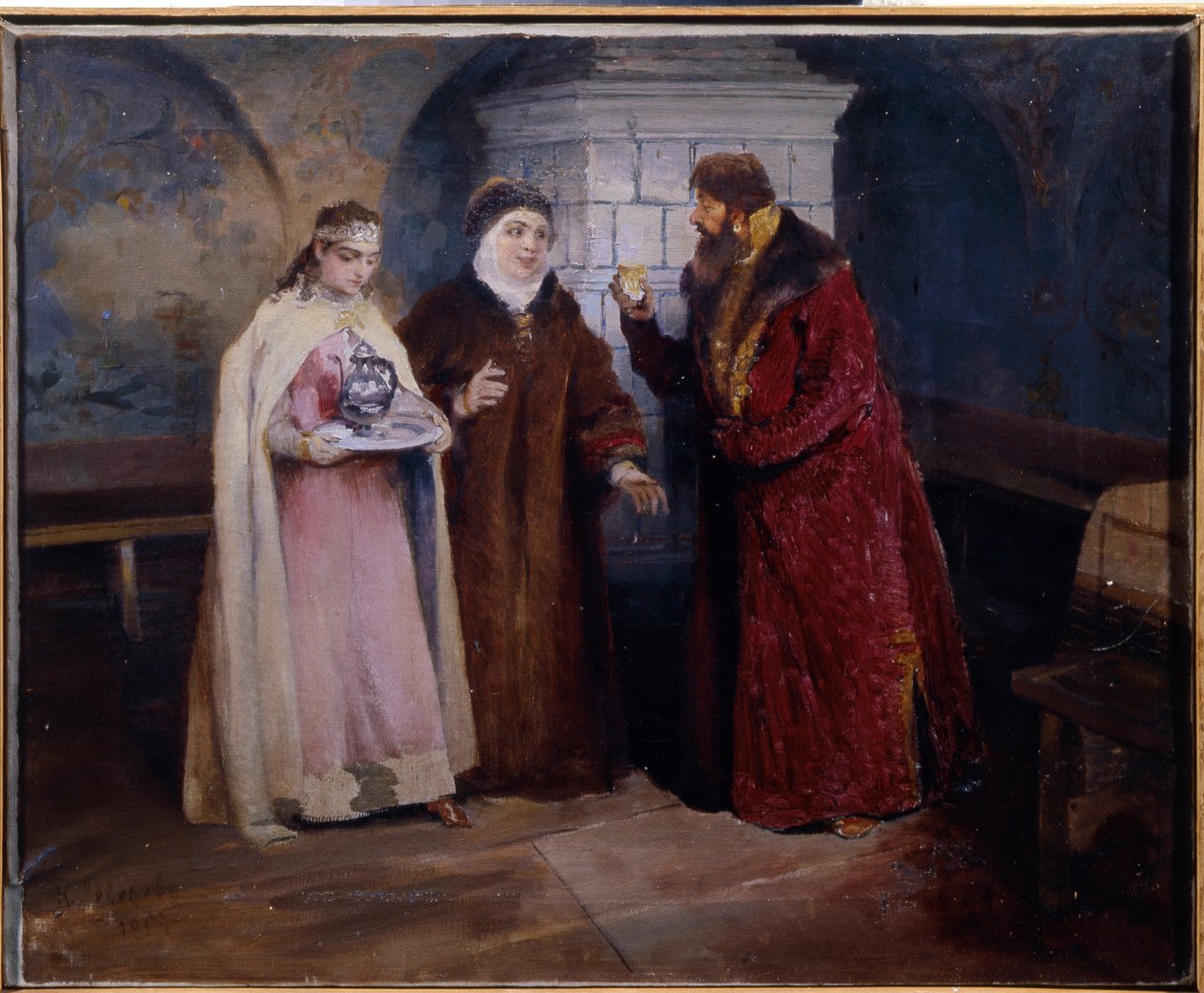 Het kiezen van een bruid. In de tijd van de Domostroi (16e eeuw), een man doet een huwelijksaanzoek aan de moeder van een jong meisje, die een karaf op een zilveren dienblad draagt. Schilderij van Klavdi Vasilyevich Lebedev (1852-1916) door Klavdiy Vasilievich Lebedev