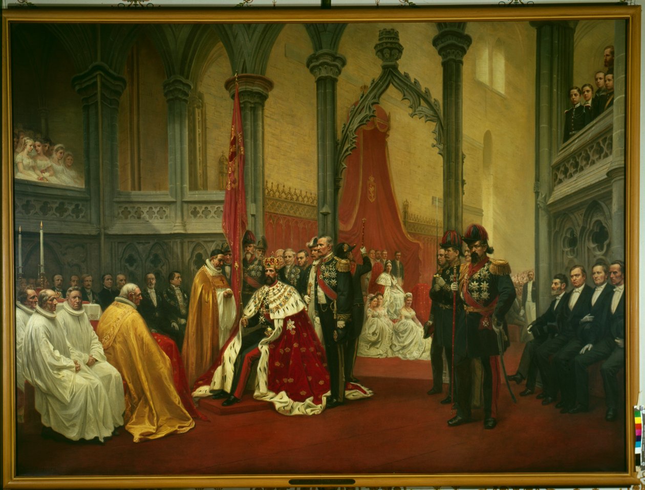 De kroning van Oscar II in de kathedraal van Trondheim op 18 juli door Knud Bergslien