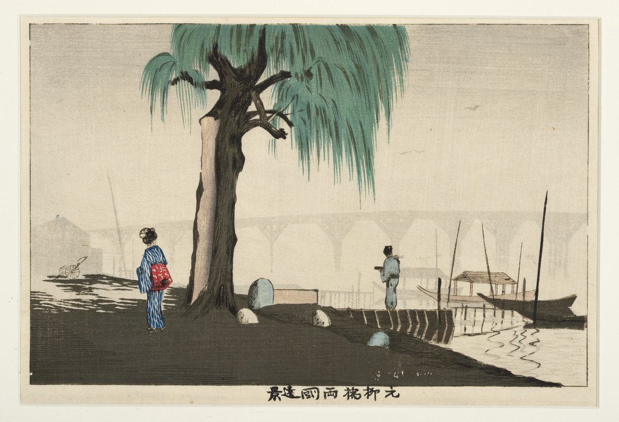 Verre uitzicht op Ryogoku vanaf de Motoyanagi-brug, 1880-82 door Kobayashi Kiyochika