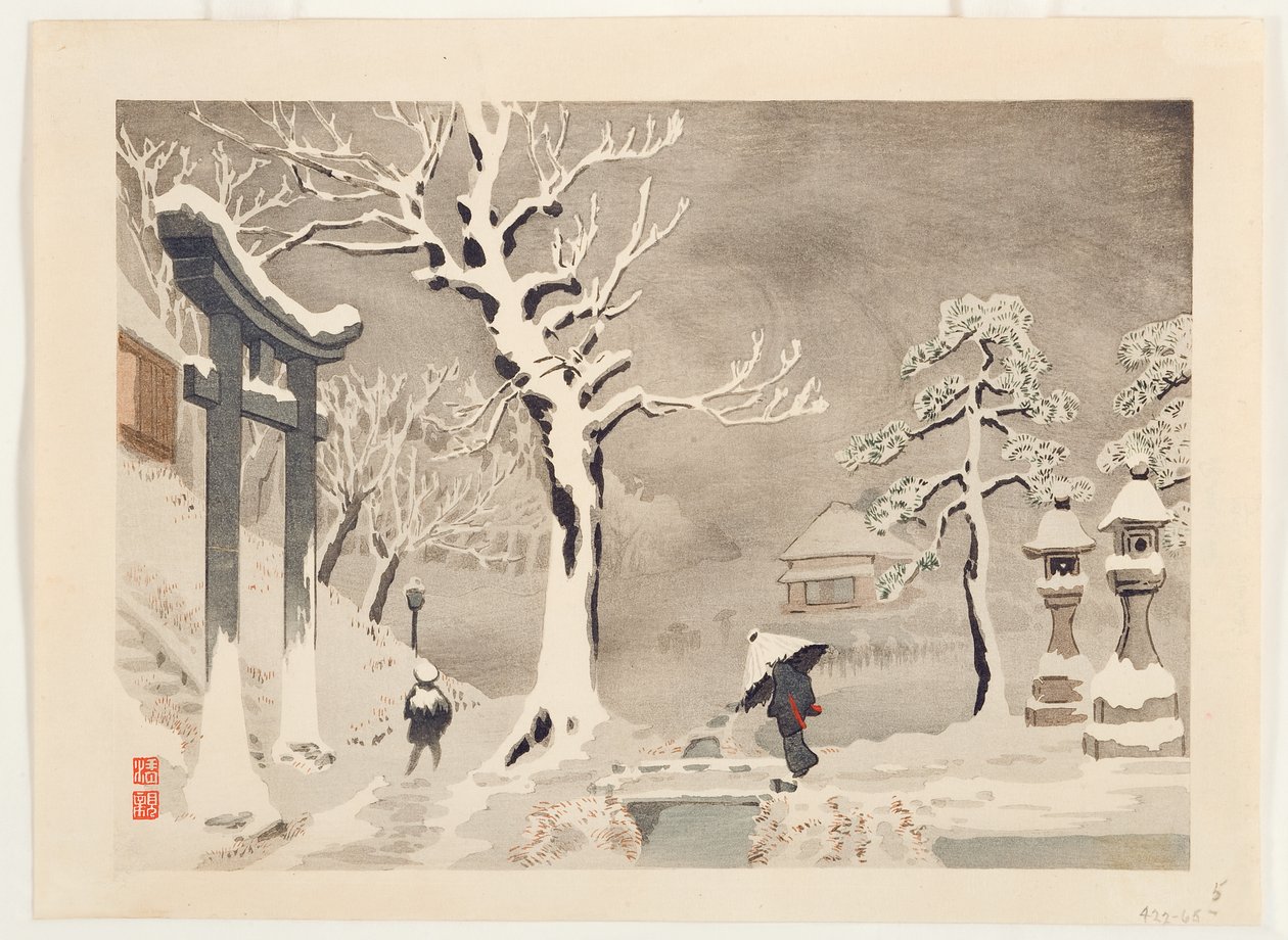 Sneeuwscène onder de oever bij het Mimeguri-heiligdom, Mukojima, ca. 1915 door Kobayashi Kiyochika