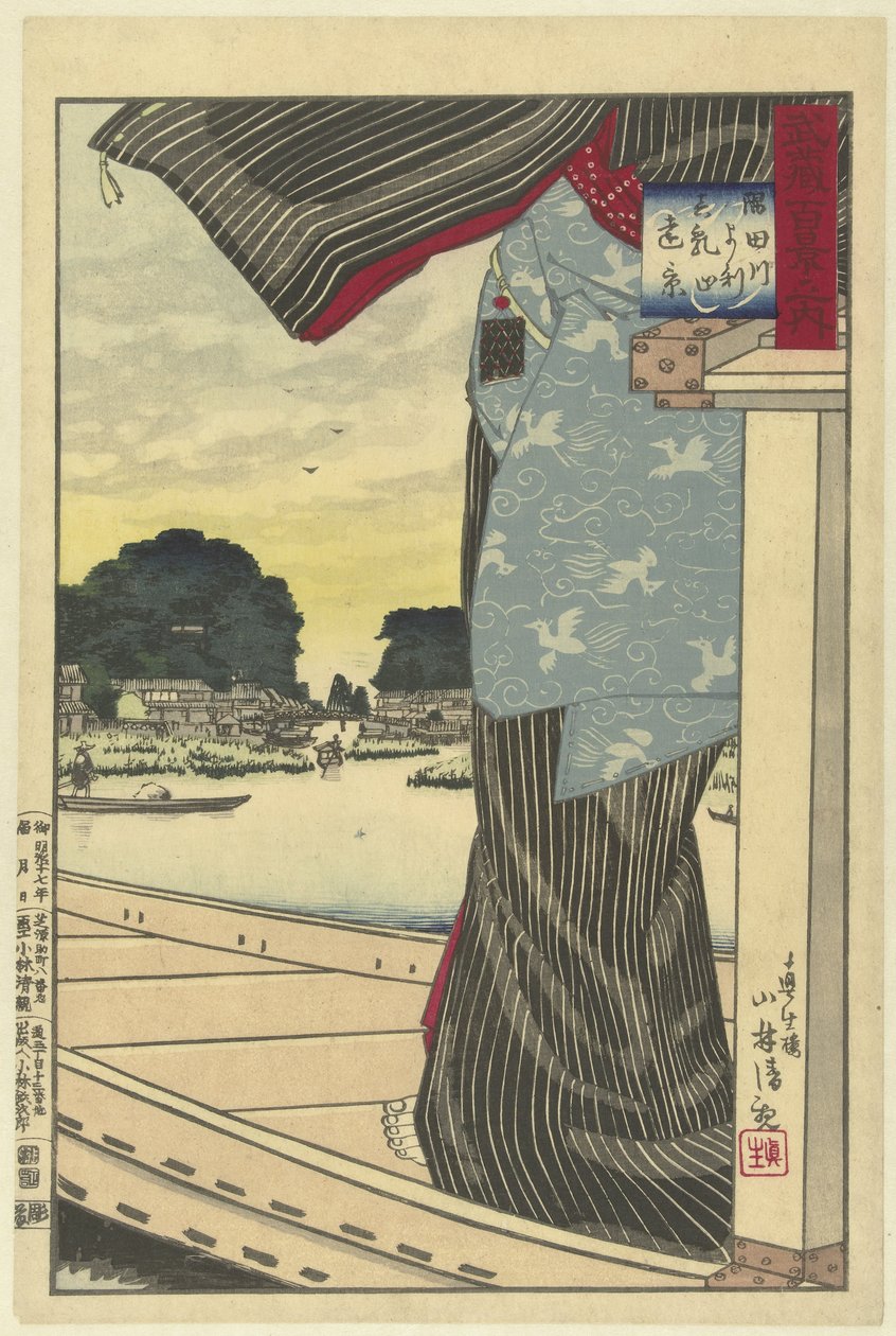 Gezicht op Matsuchiyama vanaf de Sumida rivier door Kobayashi Kiyochika