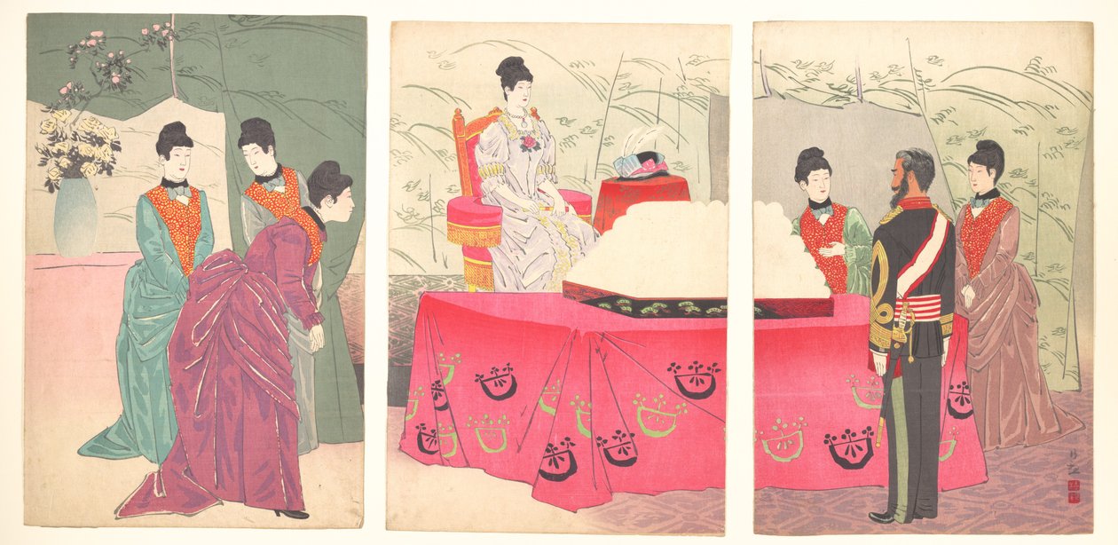 Illustratie van het bezoek van de keizerin aan het hoofdkwartier van de generale staf [om een dienblad met verbandmiddelen te overhandigen] (Sanbō honbu gyōkei no zu) door Kobayashi Kiyochika