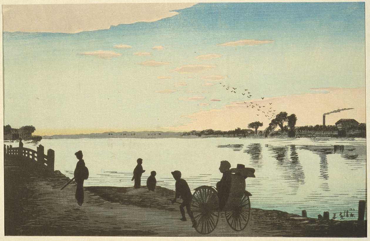 Ishihara-brug vanaf de oevers van de Sumida-rivier door Kobayashi Kiyochika