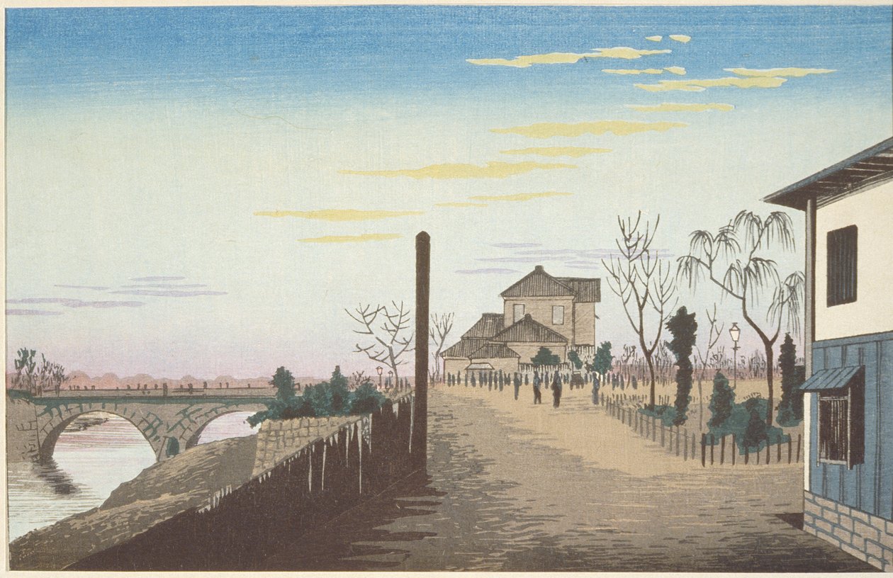 De opkomende zon vanaf de Yorozubashi-brug door Kobayashi Kiyochika