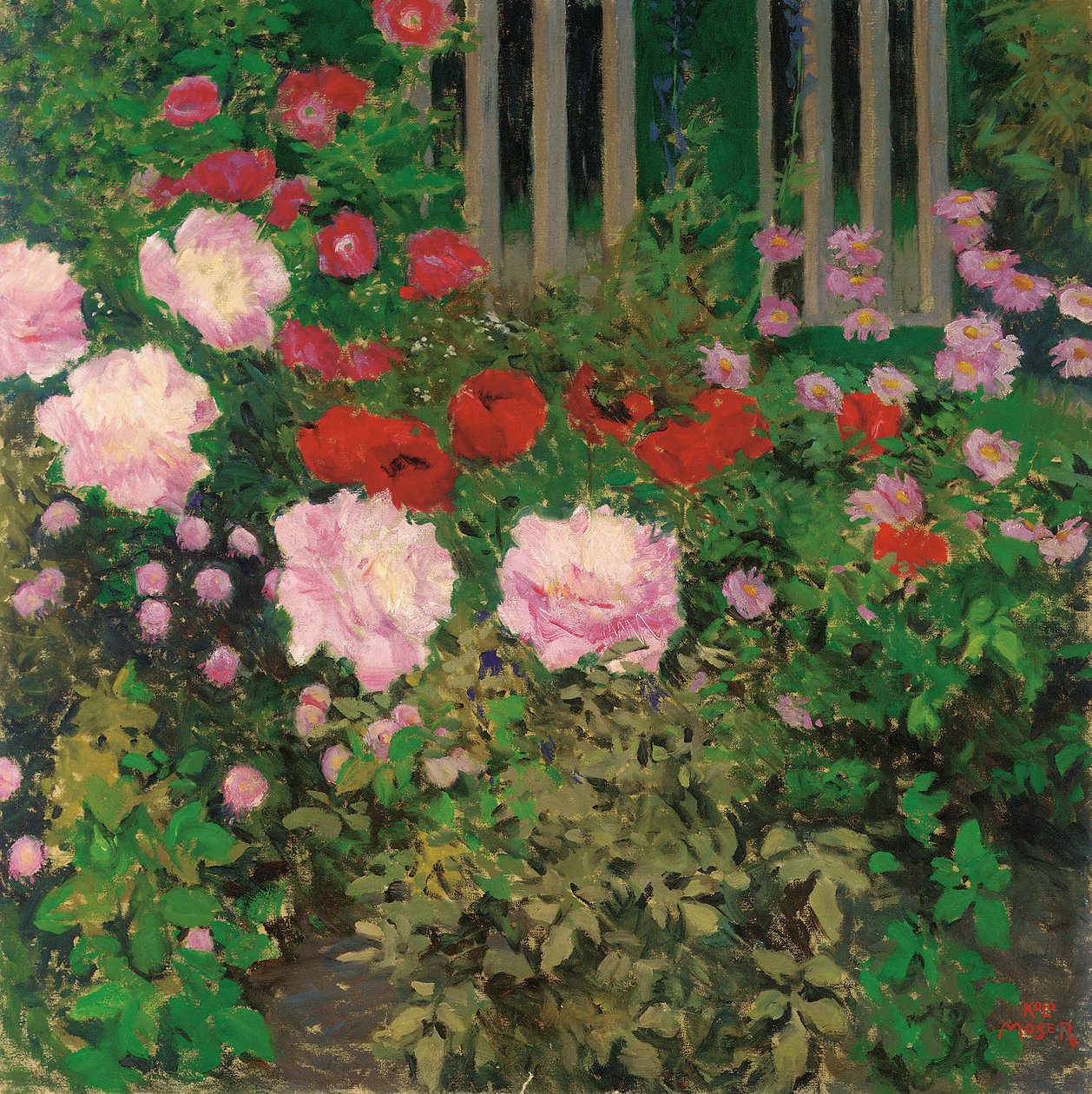Bloemen en tuinhek; Blühende Blumen am Gartenzaun door Koloman Moser