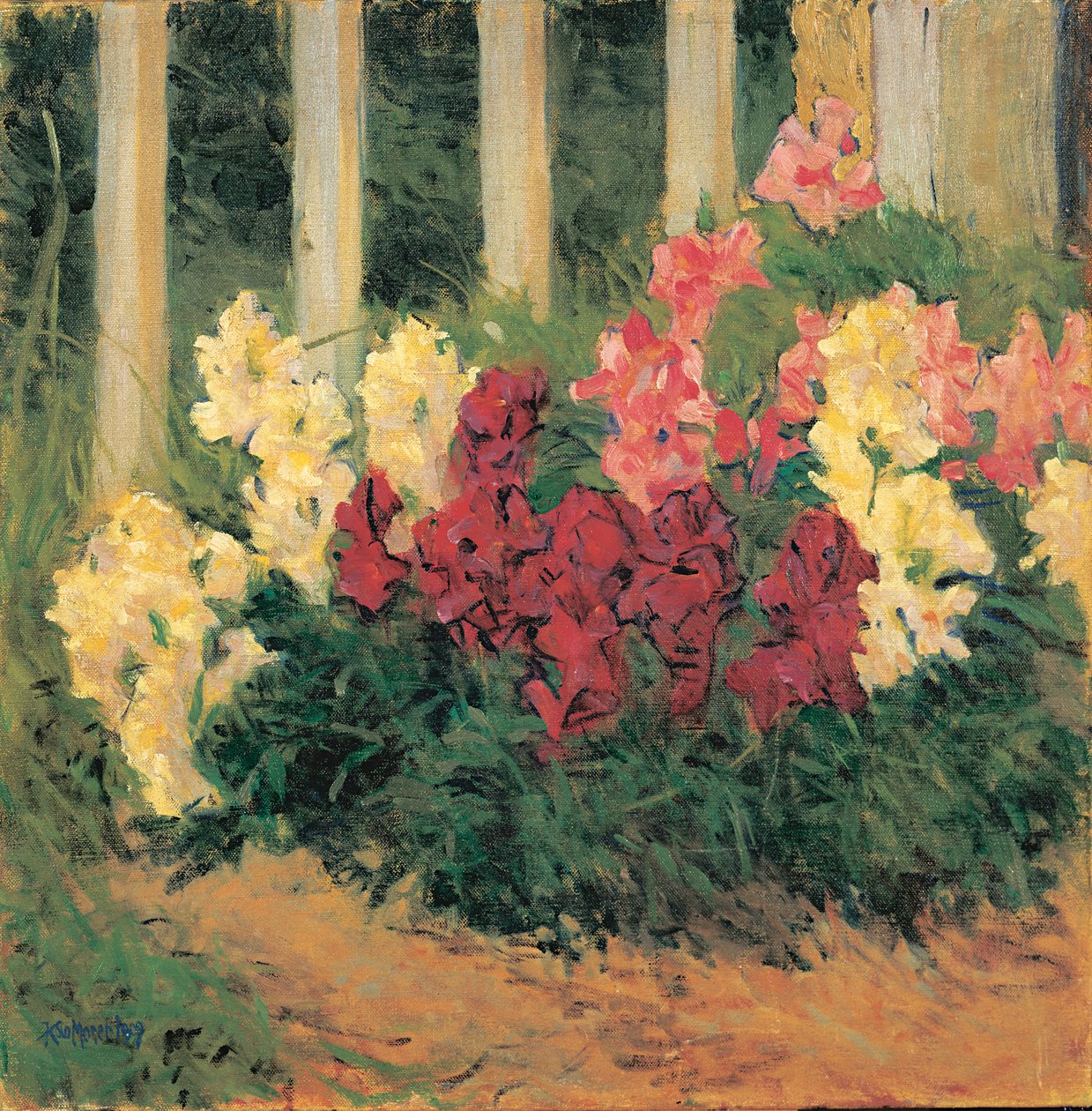 Blumenstrauch vor Gartenzaun - Bloemen voor een tuinhek ... (olieverf op doek) door Koloman Moser