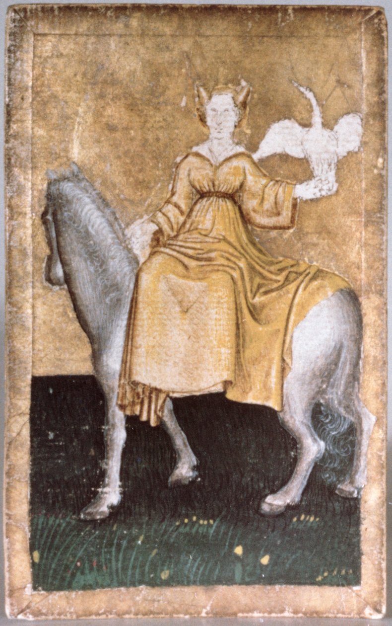 Een bereden dame met een reiger in de hand, een van een set speelkaarten met scènes van hofvalkenjacht, Boven-Rijngebied, c.1440-45 door Konrad Witz