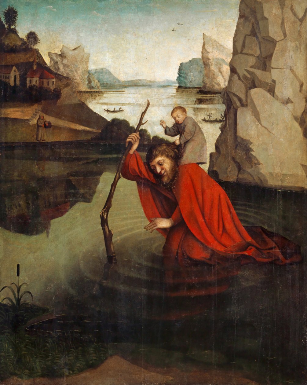 Sint Christoffel draagt het Christuskind door Konrad Witz