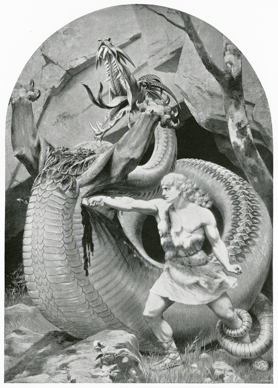 Siegfried die de draak doodt (litho) door Konrad Dielitz