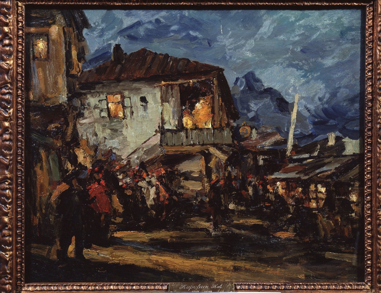 Gourzouf (Krim). Straatscène in het havenstadje met houten huizen door Konstantin Alekseevich Korovin