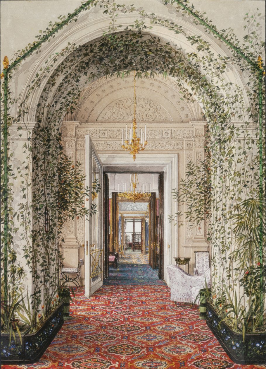 Interieurs van het Winterpaleis. De Kleine Wintertuin in de appartementen van Alexandra Fjodorovna, midden 19e eeuw door Konstantin Andreyevich Ukhtomsky