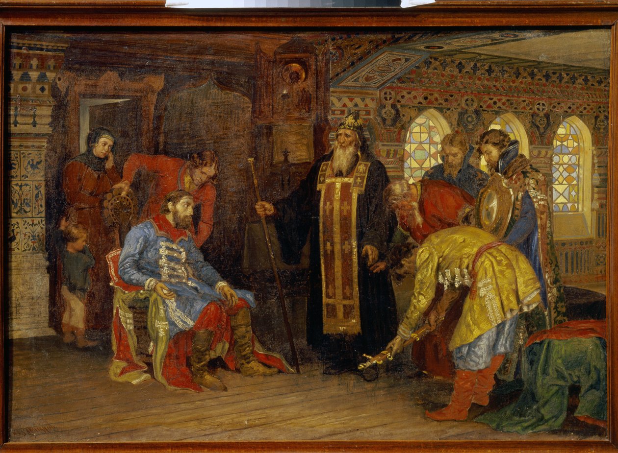 De uitnodiging van prins Dmitry Pojarski (1577-1642) om de legers te bevelen voor de bevrijding van Moskou. Na de zegen van Irenarchus van Rostov ontvangen te hebben, de prins door Konstantin Apollonovich Savitsky