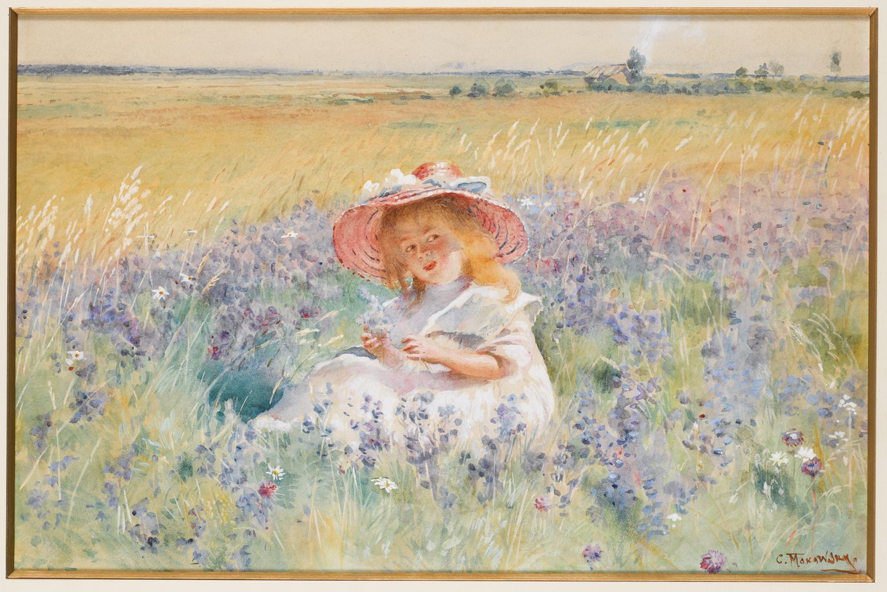 Een jong meisje in een veld van salie, margrieten en weidegras door Konstantin Egorovich Makovsky