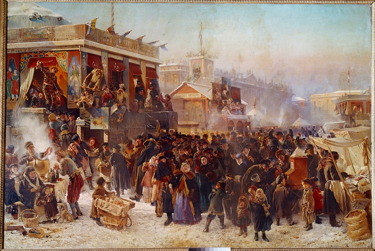 Balladins op Admiraut Square in St. Petersburg Straattheater Show door Konstantin Egorovich Makovsky