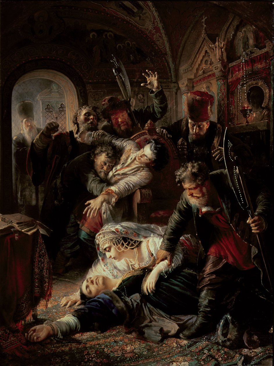 Huurmoordenaars doden de zoon van tsaar Boris Fyodorovich Godunov door Konstantin Egorovich Makovsky