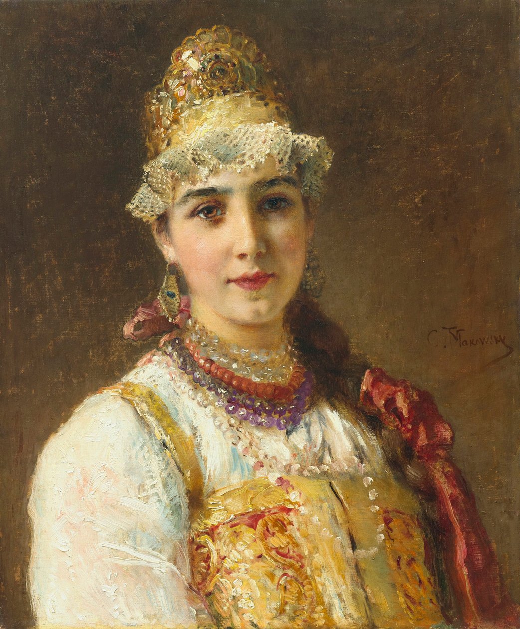 Portret van een boyar vrouw: ze draagt een sarafaan jurk en een kokochnik op haar hoofd, een traditionele haardracht - Schilderij van Konstantin Yegorovich Makovsky (1839-1915) door Konstantin Egorovich Makovsky