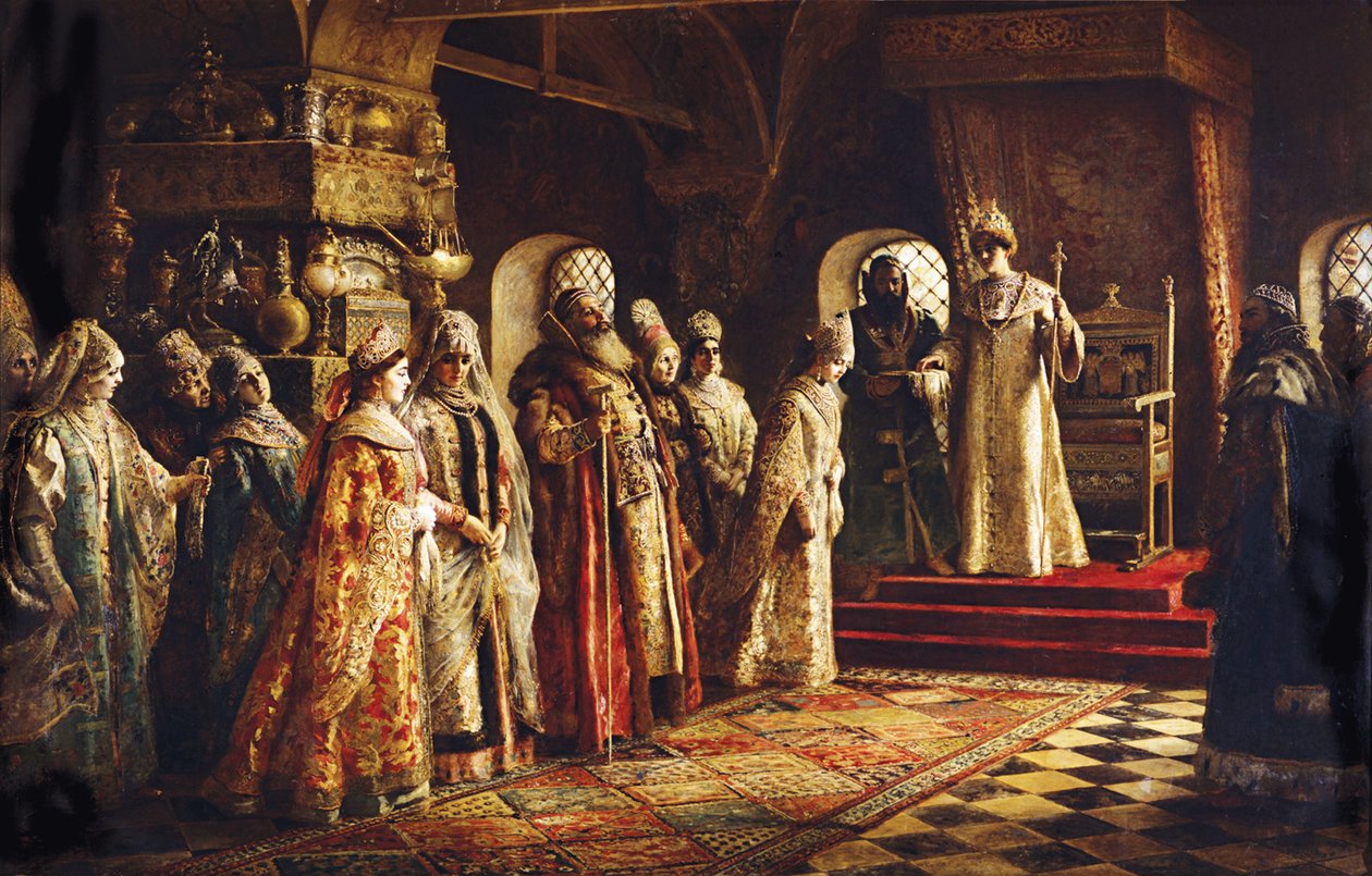 Tsaar Aleksej Michailovitsj kiest een bruid, 1886 door Konstantin Egorovich Makovsky