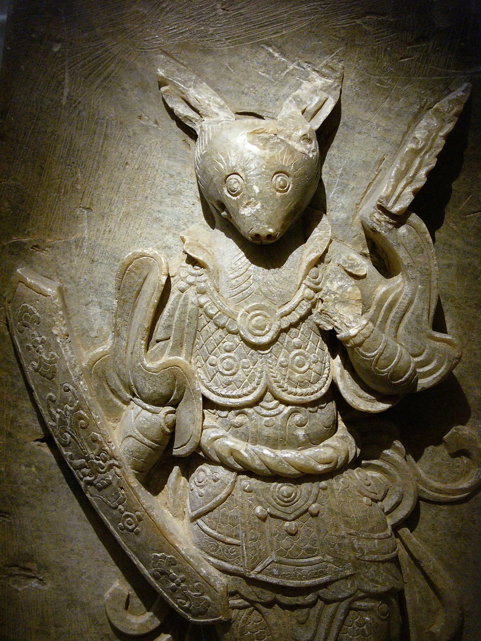 Grafversiering, zodiak konijn op agalmatoliet, 8e eeuw onder de periode van de Noordelijke en Zuidelijke Koninkrijken, Korea. Fotografie, Seoul Nationaal Museum, Republiek Korea door Korean School